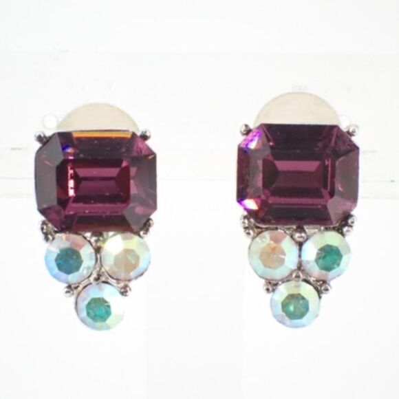 Vintage Givenchy Amethyst & AB Clip-On Earrings – Silver, Signed, Pristine - Picture 1 of 4